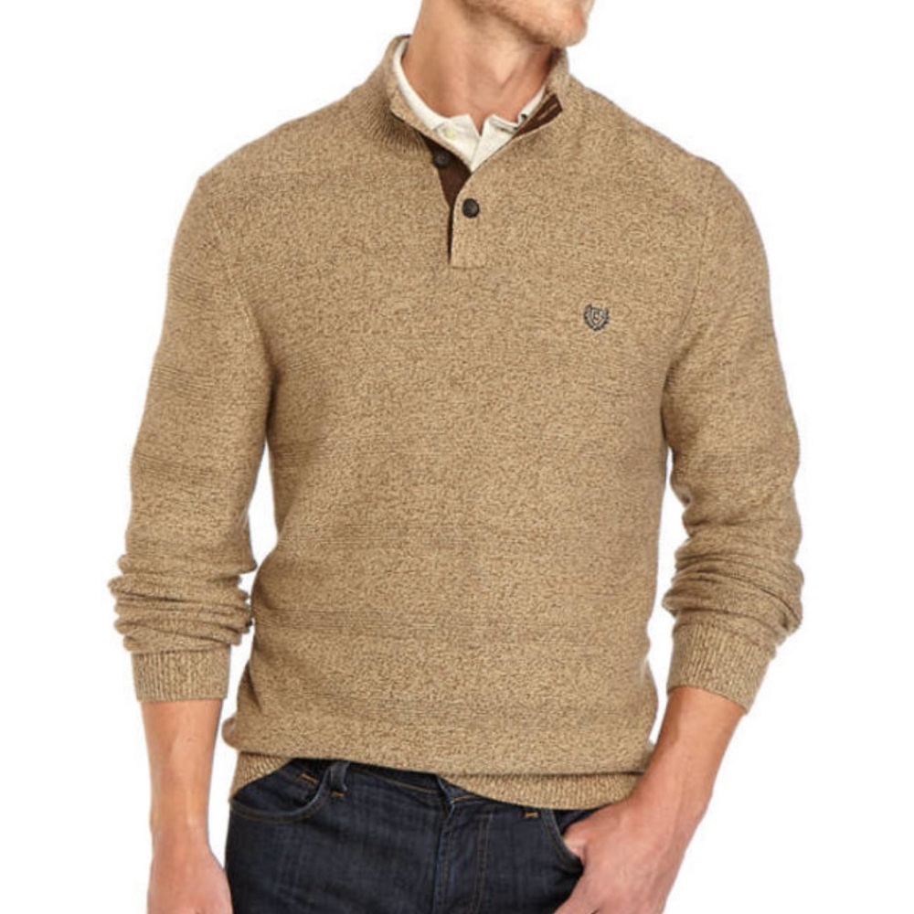 Chaps men’s light tan knit cotton button up turtleneck pullover sweater small